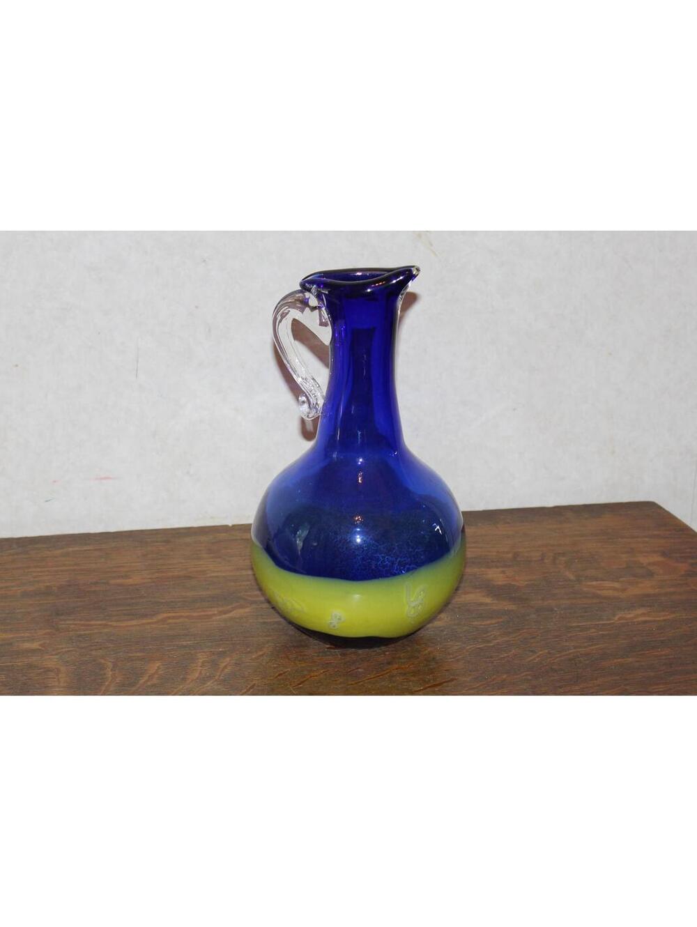 Vintage Art Glass Blue Yellow Pitcher Ewer - Repaired Handle